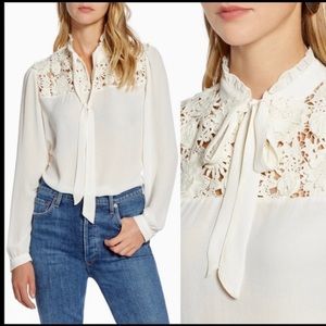 NWT Halogen Nordstrom lace crochet bib tie neck blouse xs